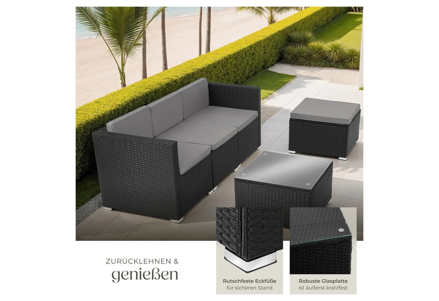 TECTAKE Loungeset Rattan 5-tlg. Schwarz mit Glasplatte - Bild 5