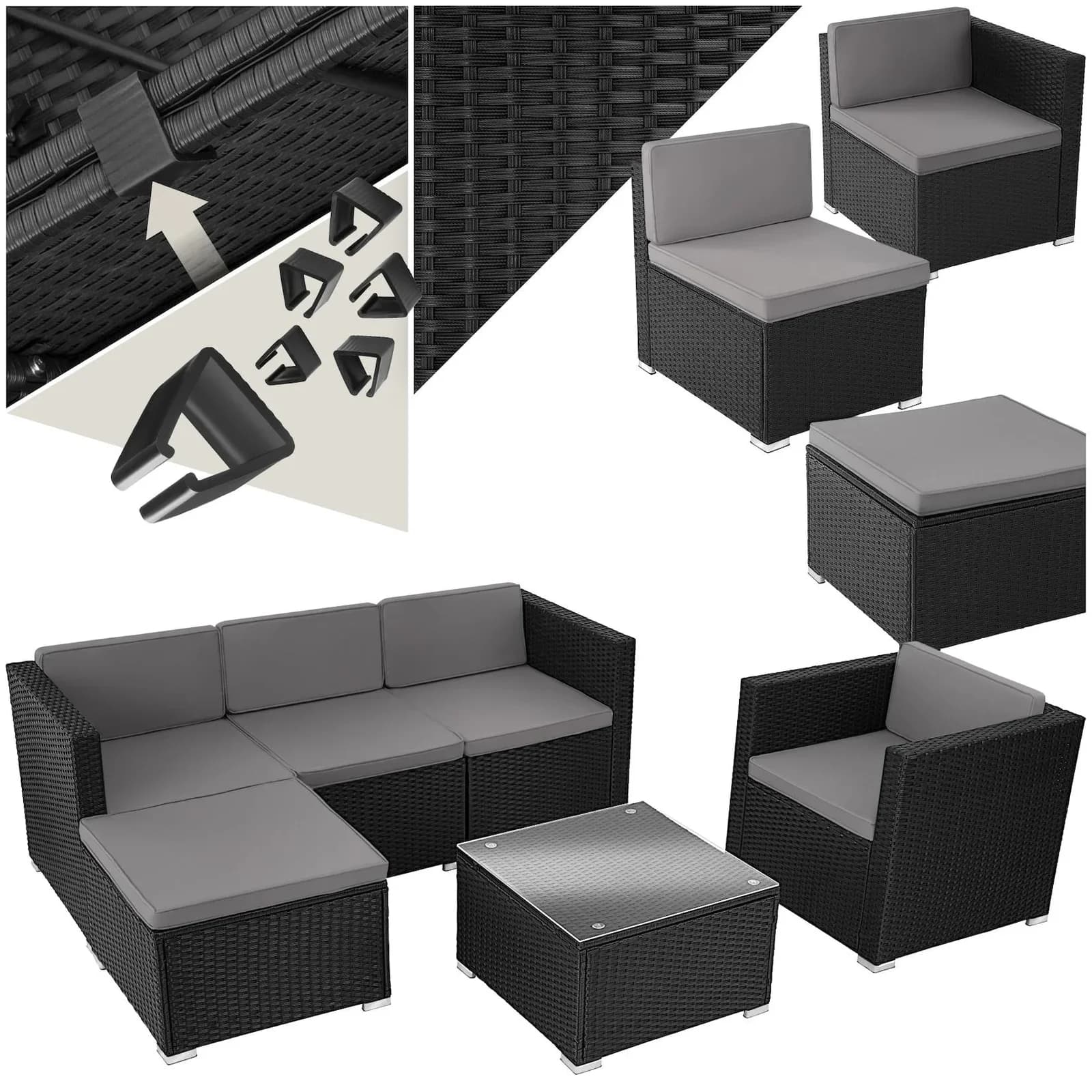 tectake Loungeset Rattan 6-tlg. Schwarz mit Glasplatte