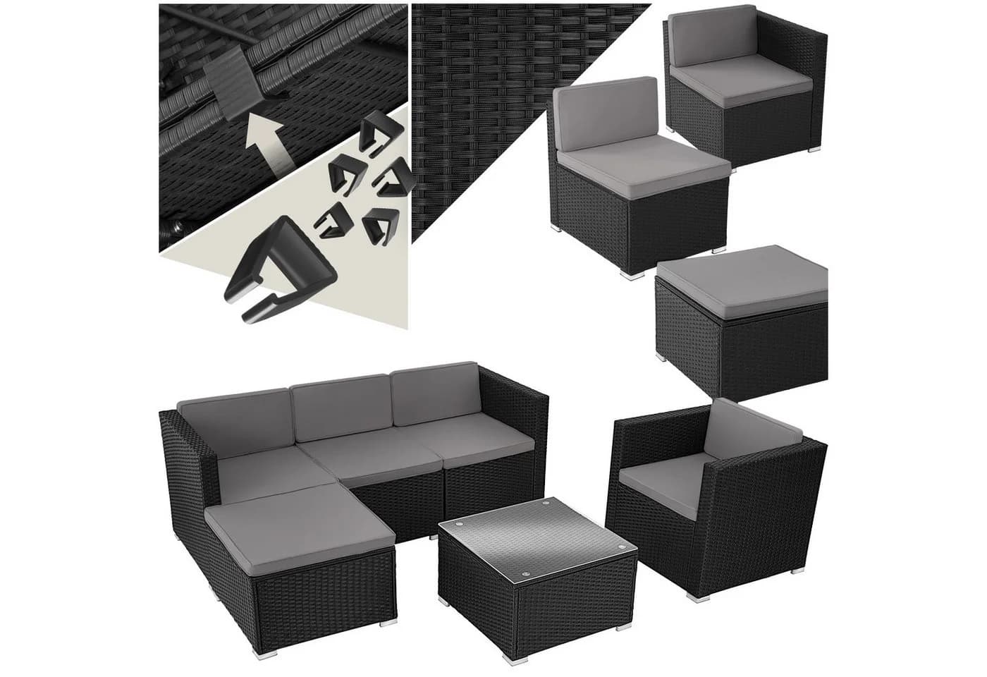 tectake Loungeset Rattan 6-tlg. Schwarz mit Glasplatte - Bild 3