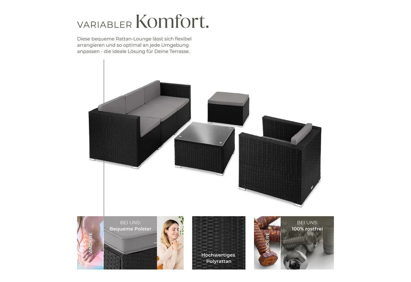 tectake Loungeset Rattan 6-tlg. Schwarz mit Glasplatte - Bild 4