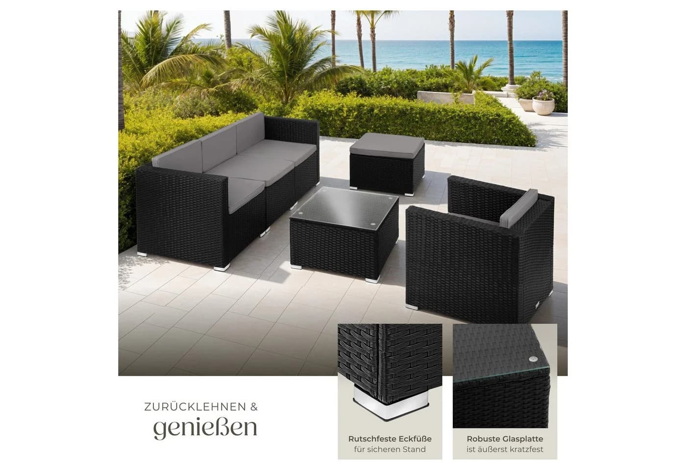 tectake Loungeset Rattan 6-tlg. Schwarz mit Glasplatte - Bild 5