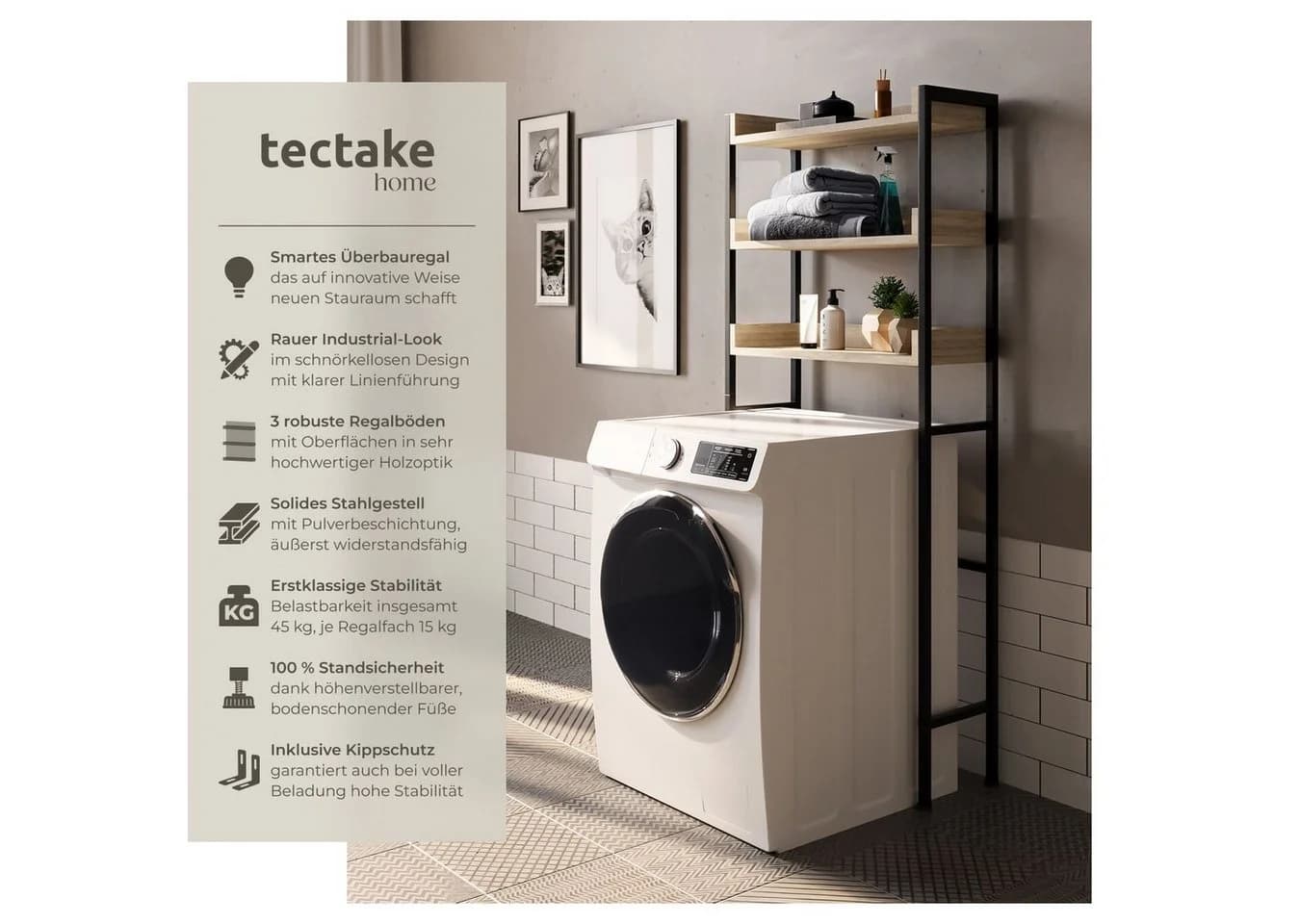 tectake Badregal Seattle 3 Ebenen Industrial Style Braun/Silber - Bild 2