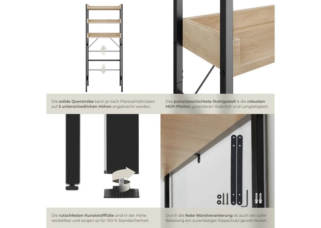 tectake Badregal Seattle 3 Ebenen Industrial Style Braun/Silber - Bild 5