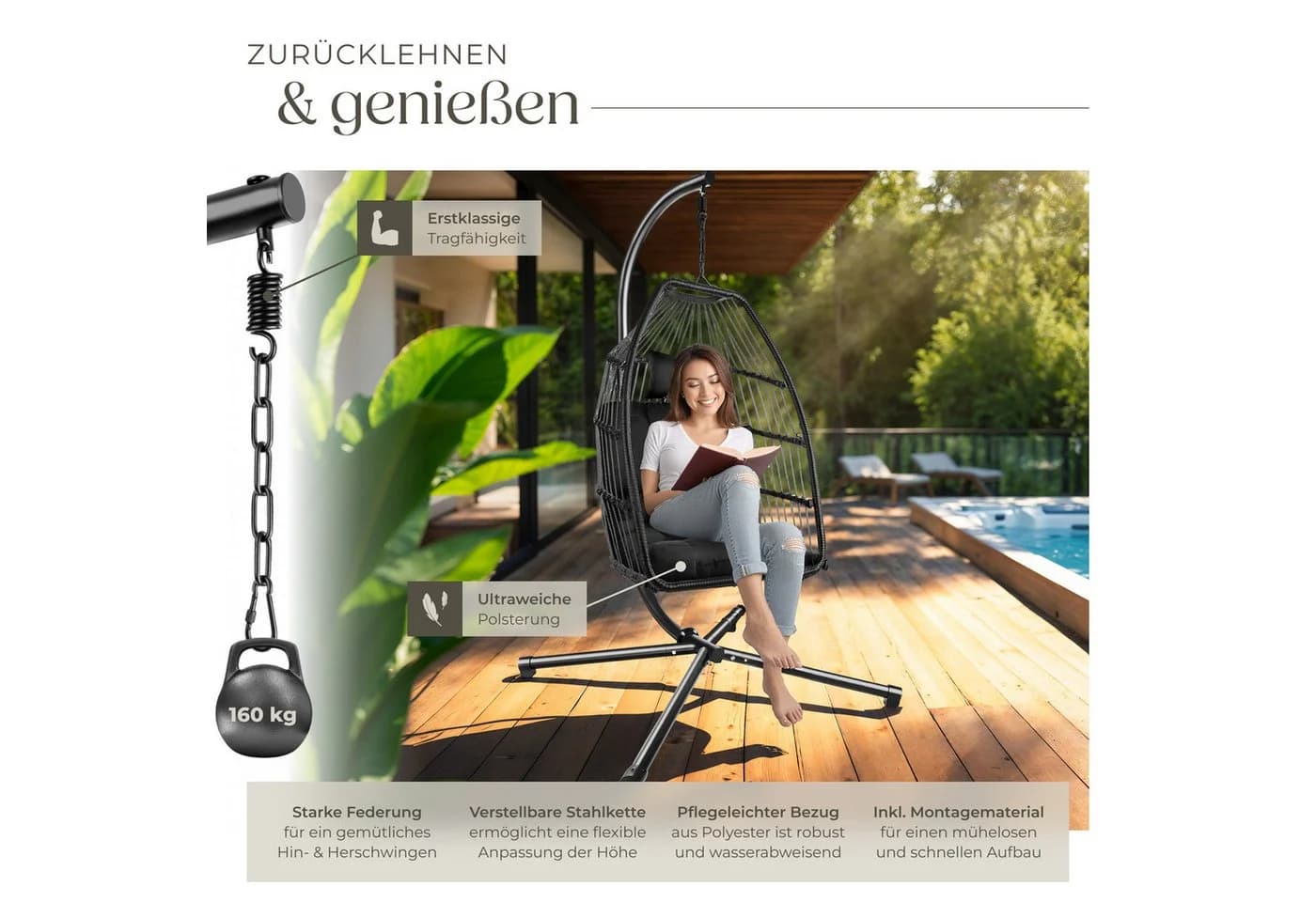 TECTAKE Hängesessel Ariane Schwarz mit extra dicken Kissen - Bild 5