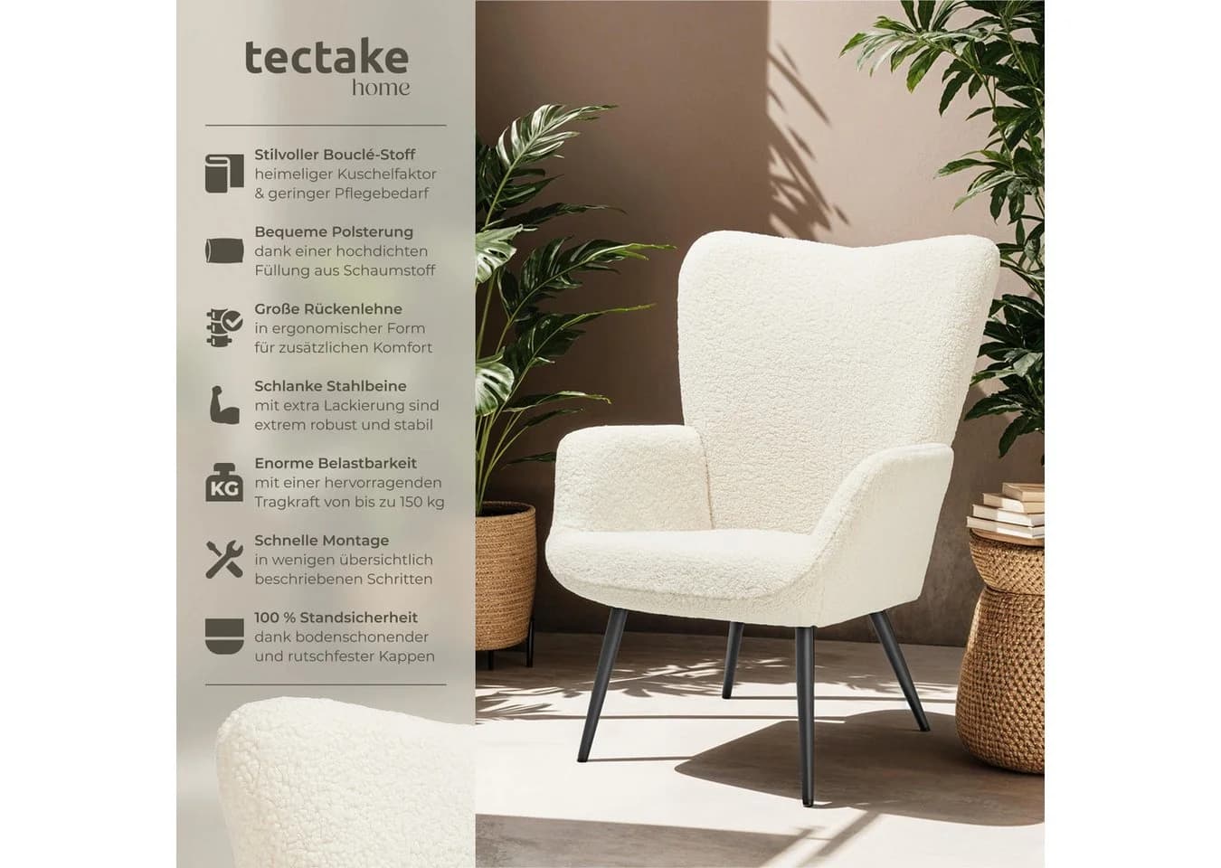 tectake Relaxsessel Hygge Polstersessel Bouclé Creme/Schwarz - Bild 2