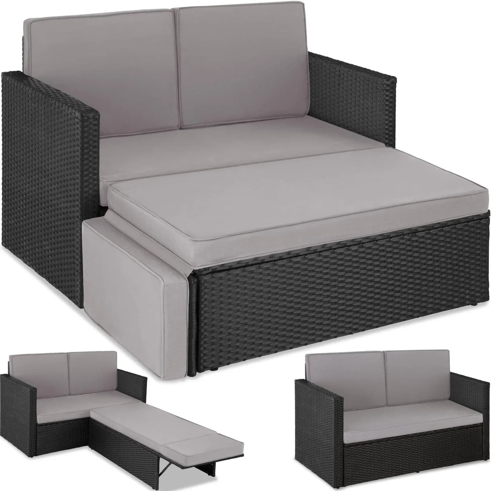 tectake Loungeset Rattan 2-Sitzer mit Hocker Schwarz/Grau