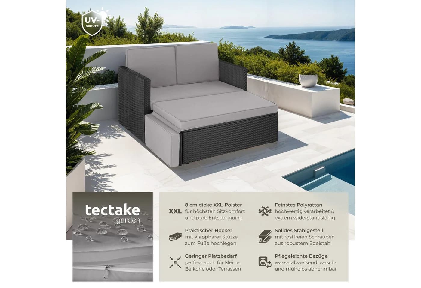 tectake Loungeset Rattan 2-Sitzer mit Hocker Schwarz/Grau - Bild 2