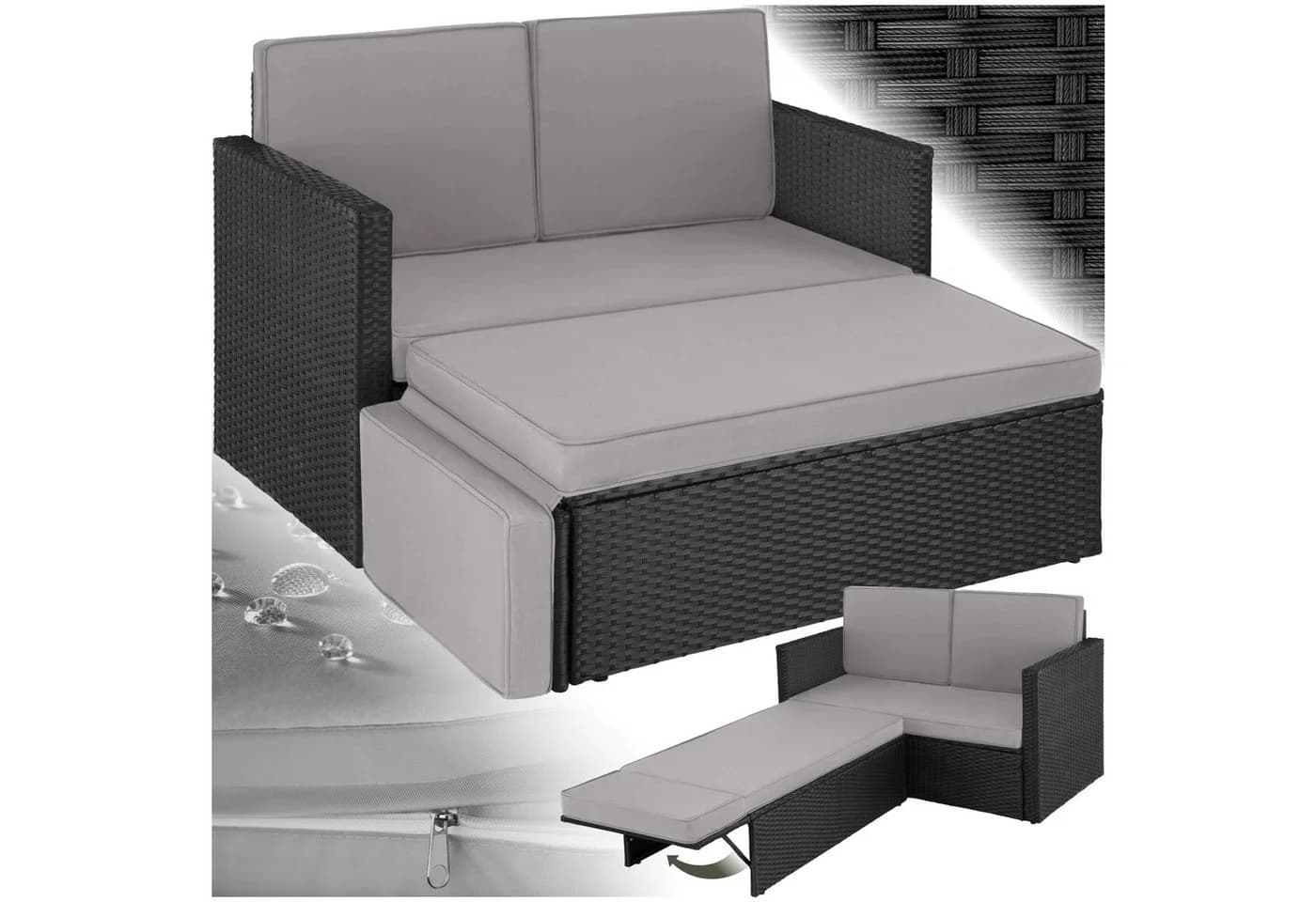 tectake Loungeset Rattan 2-Sitzer mit Hocker Schwarz/Grau - Bild 3