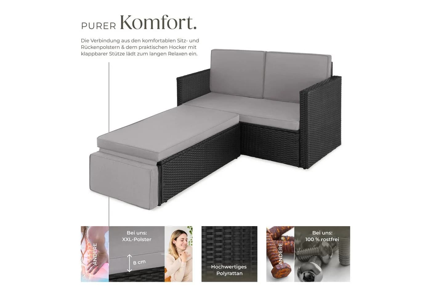 tectake Loungeset Rattan 2-Sitzer mit Hocker Schwarz/Grau - Bild 4