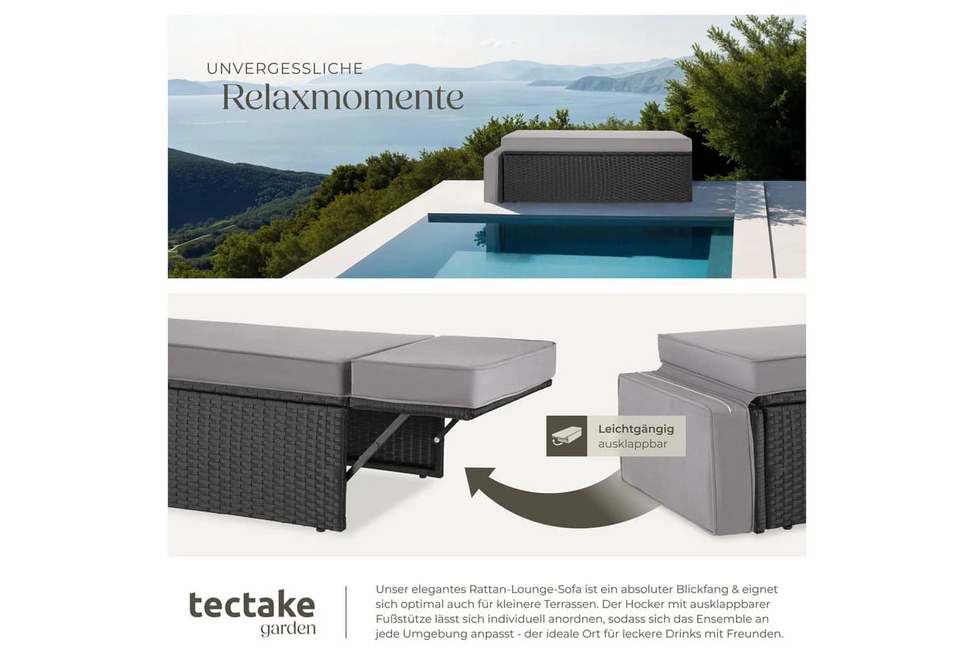 tectake Loungeset Rattan 2-Sitzer mit Hocker Schwarz/Grau - Bild 5