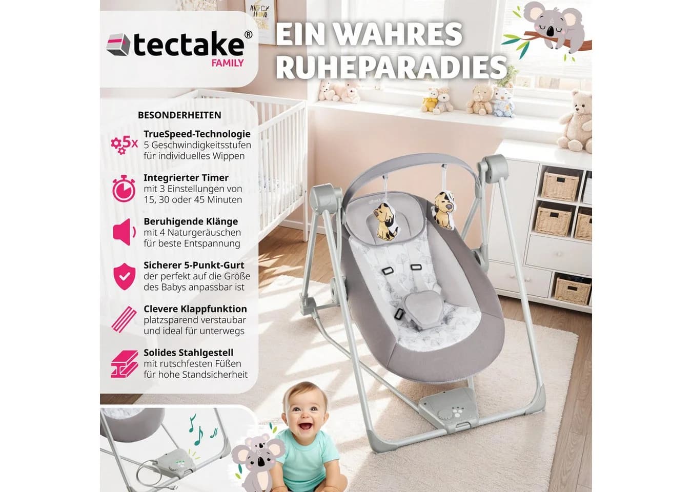 tectake Babyschaukel Dogs mit TrueSpeed-Technologie Grau