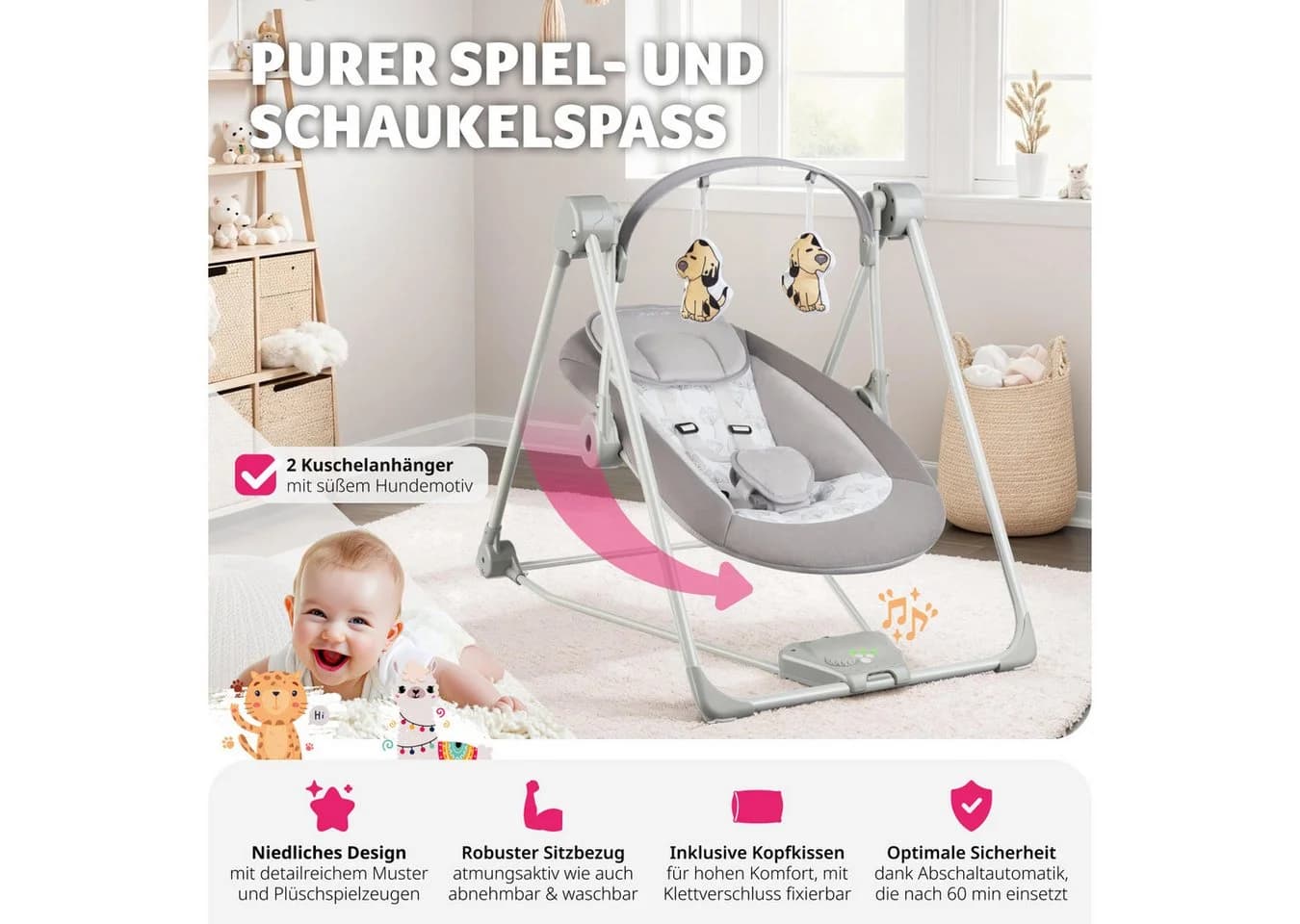 tectake Babyschaukel Dogs mit TrueSpeed-Technologie Grau - Bild 3