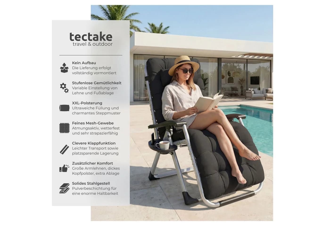 tectake Gartenliege Cloud Schwarz Klappbar Mit Ablagetisch