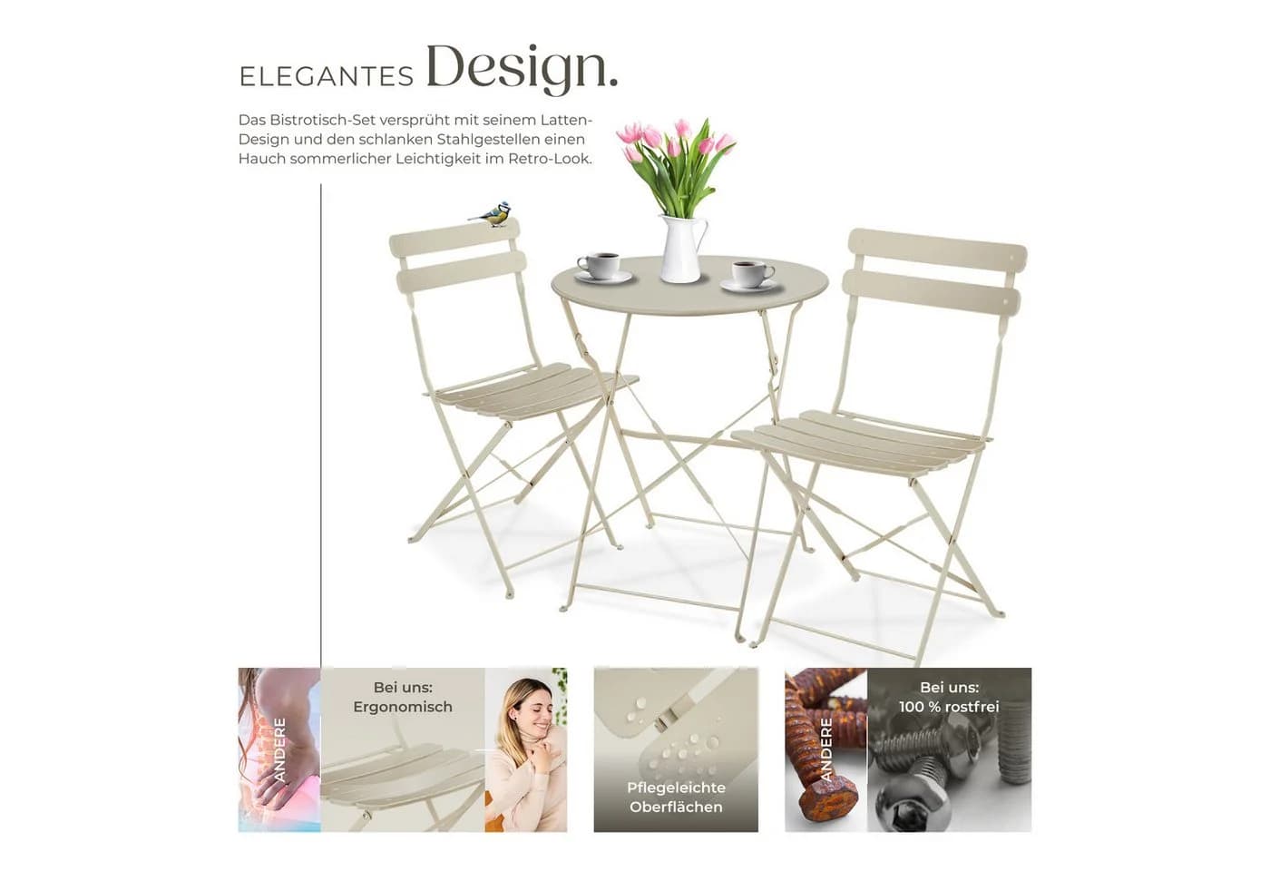 tectake Bistrotisch Set 3-tlg. Beige Klappbar Stahl - Bild 4
