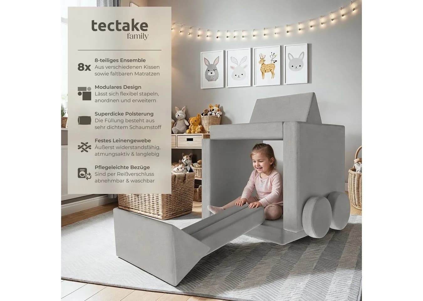 tectake Kindersofa Spielsofa Lilly 8-teilig Grau Leinenbezug - Bild 2