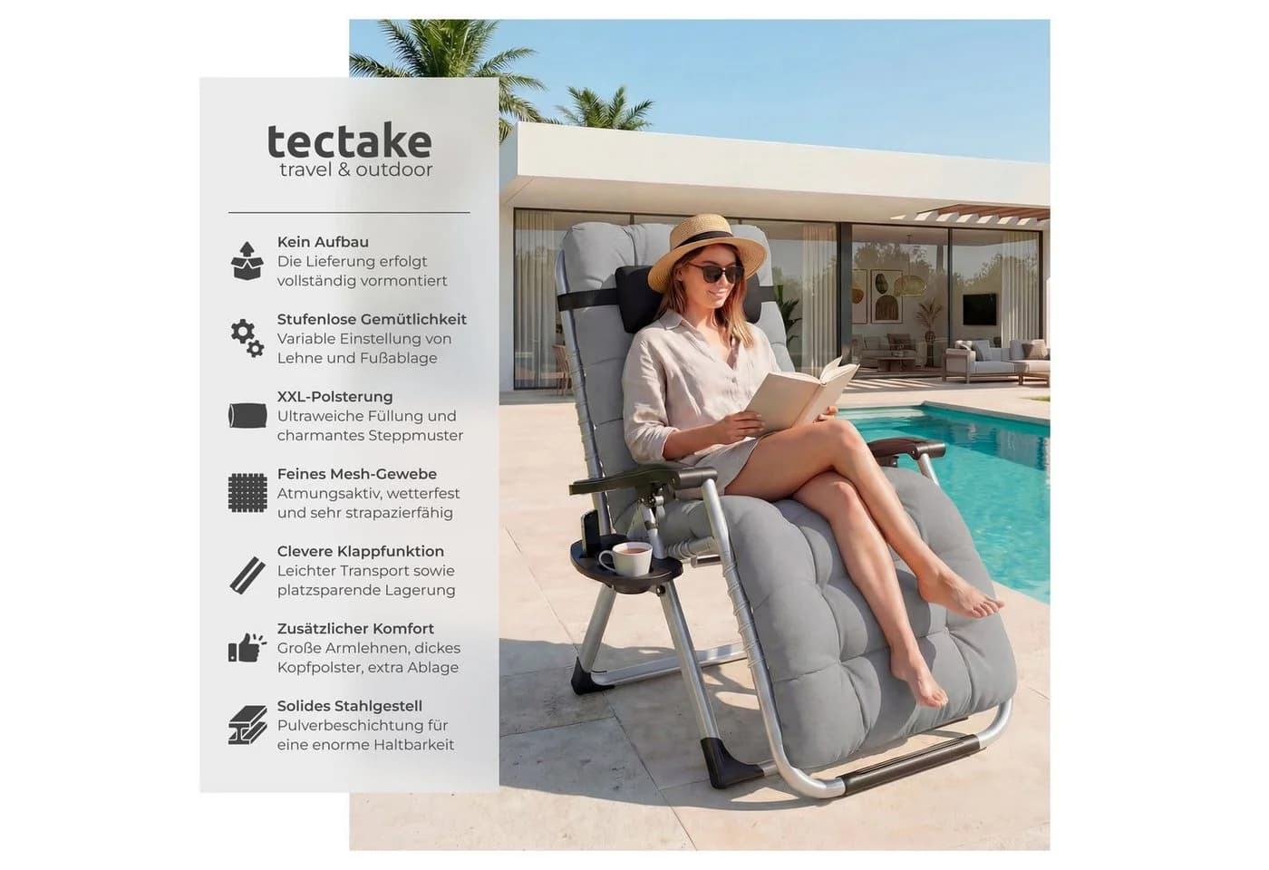 tectake Gartenliege Cloud Klappbar mit Ablagetisch Grau