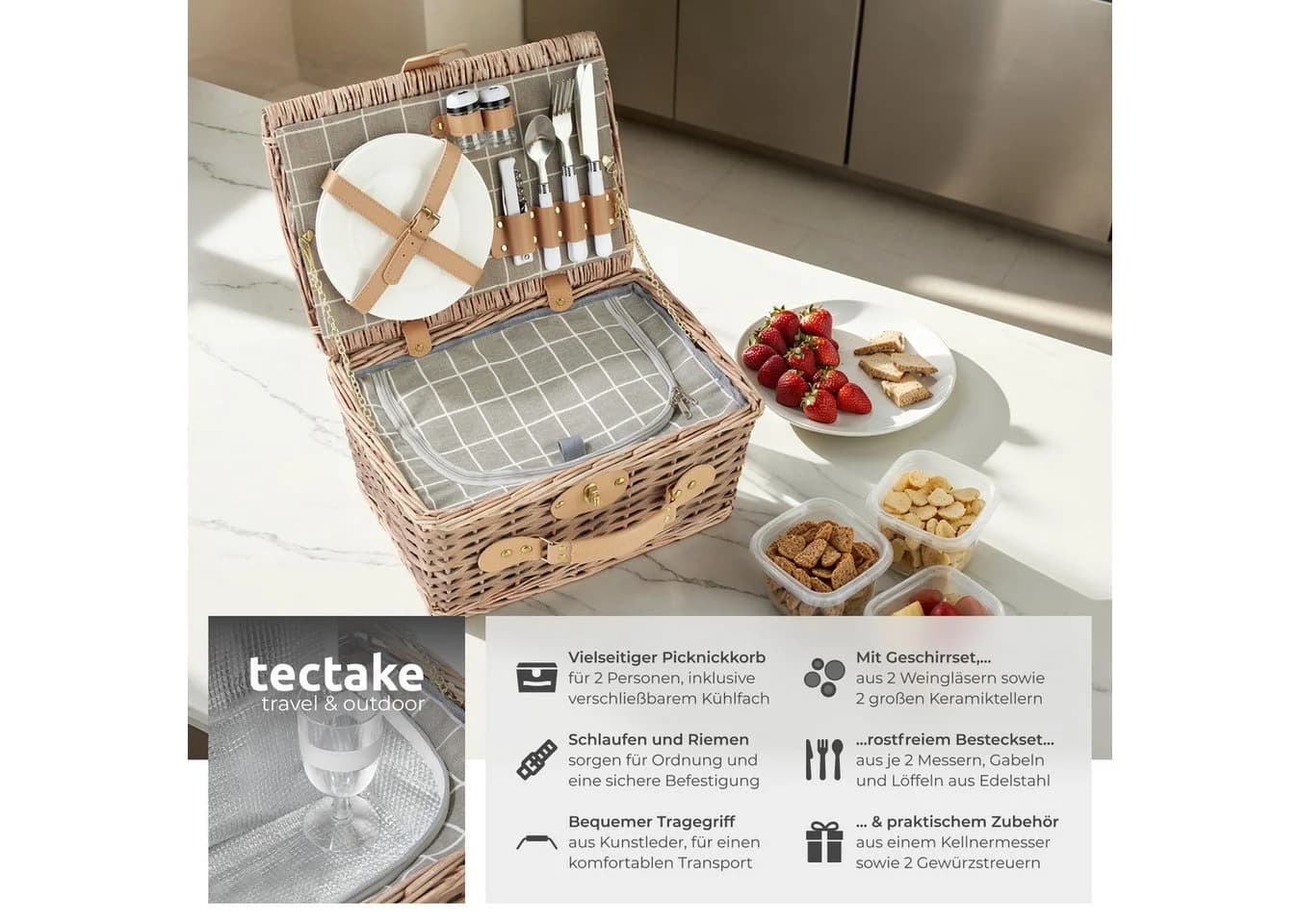 tectake Picknickkorb für 2 Personen geflochtene Weide mit Geschirrset - Bild 2