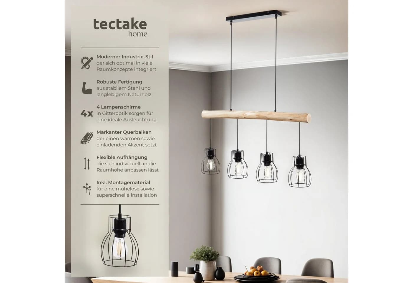 tectake Pendelleuchte Woody Industrial-Style 4x E27 Holz Stahl - Bild 2