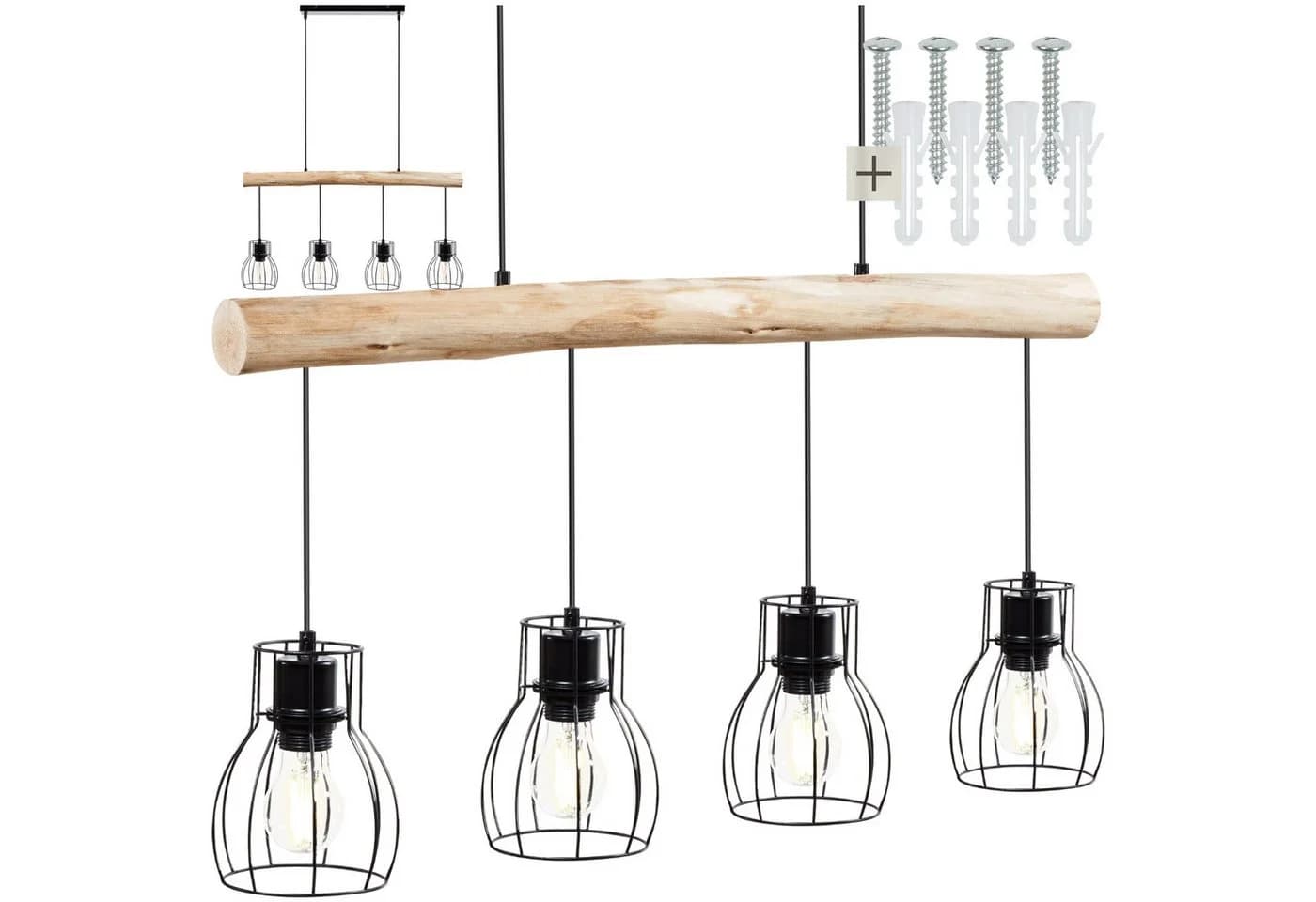 tectake Pendelleuchte Woody Industrial-Style 4x E27 Holz Stahl - Bild 3