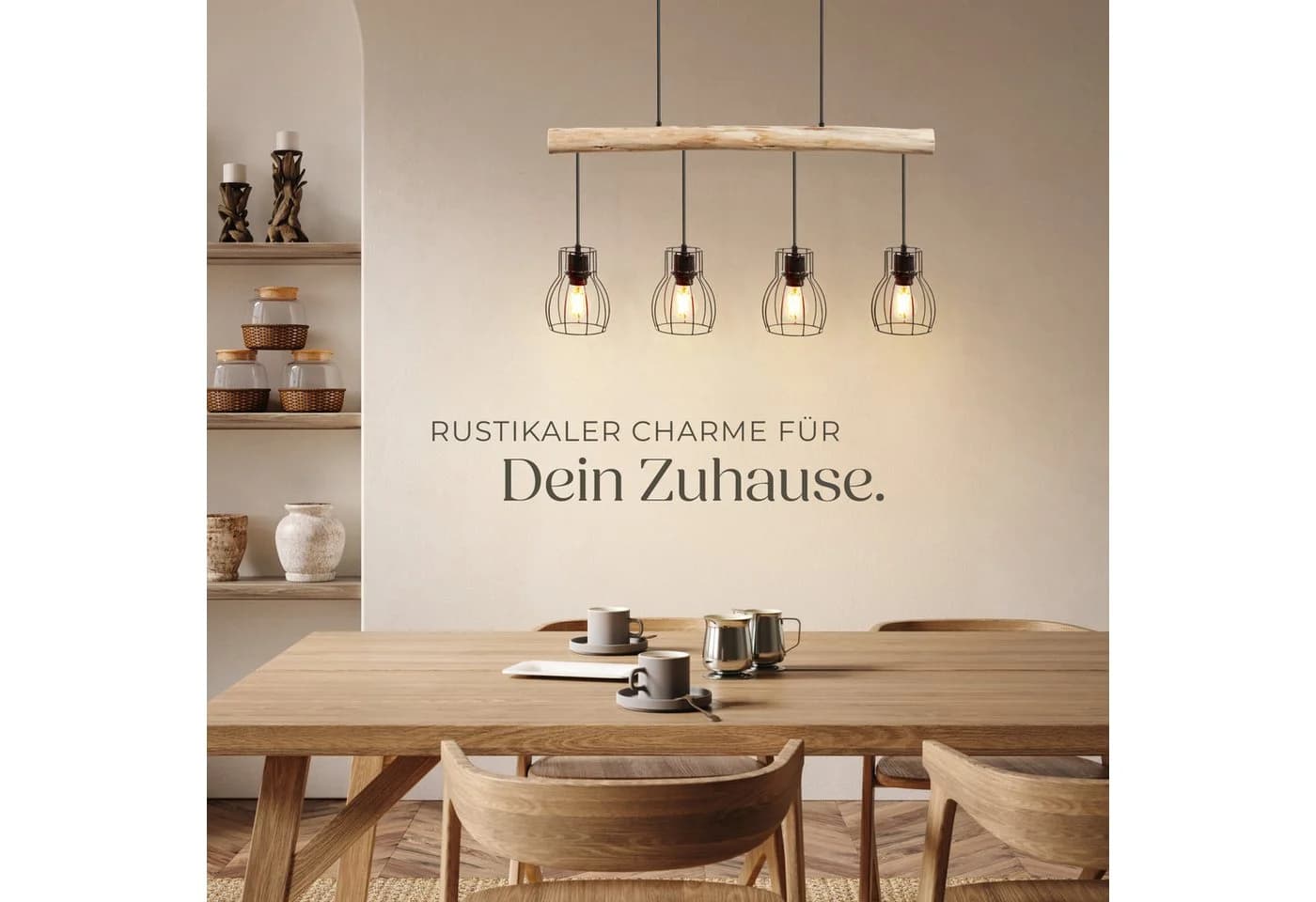 tectake Pendelleuchte Woody Industrial-Style 4x E27 Holz Stahl - Bild 4