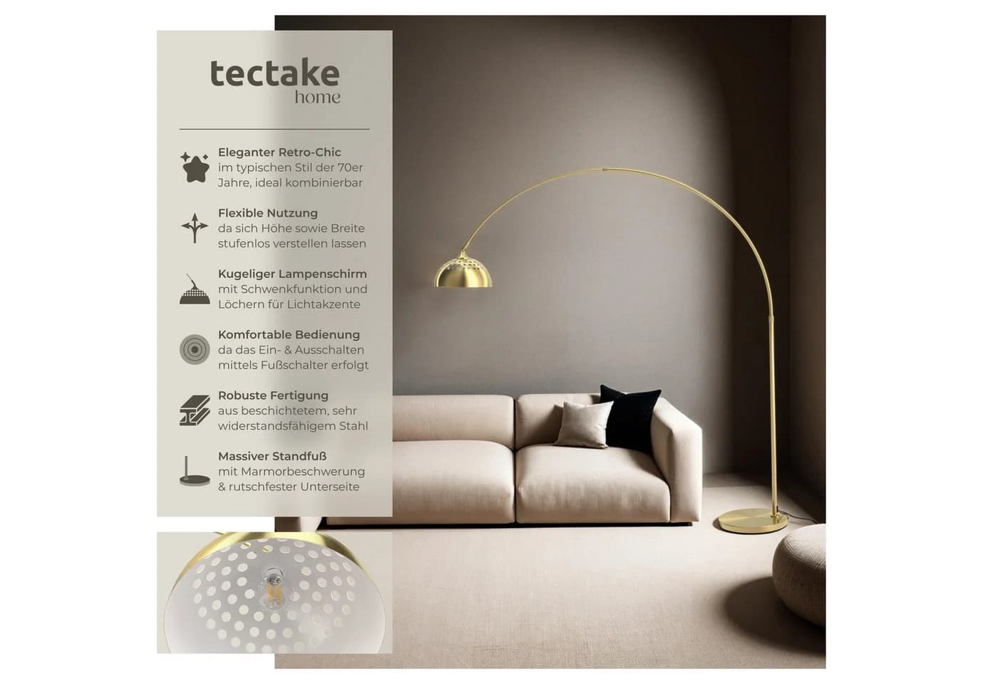 tectake Bogenleuchte Arcus Gold Verstellbar Retro Design - Bild 2
