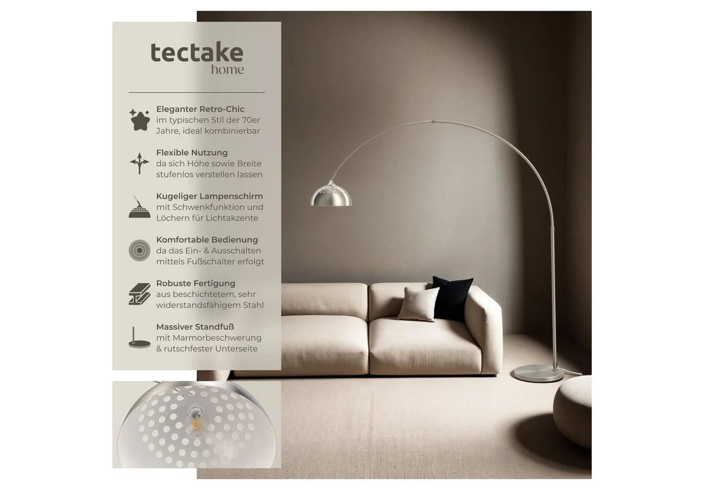 tectake Stehlampe Bogenleuchte LED Verstellbar Retro Nickel Matt - Bild 2