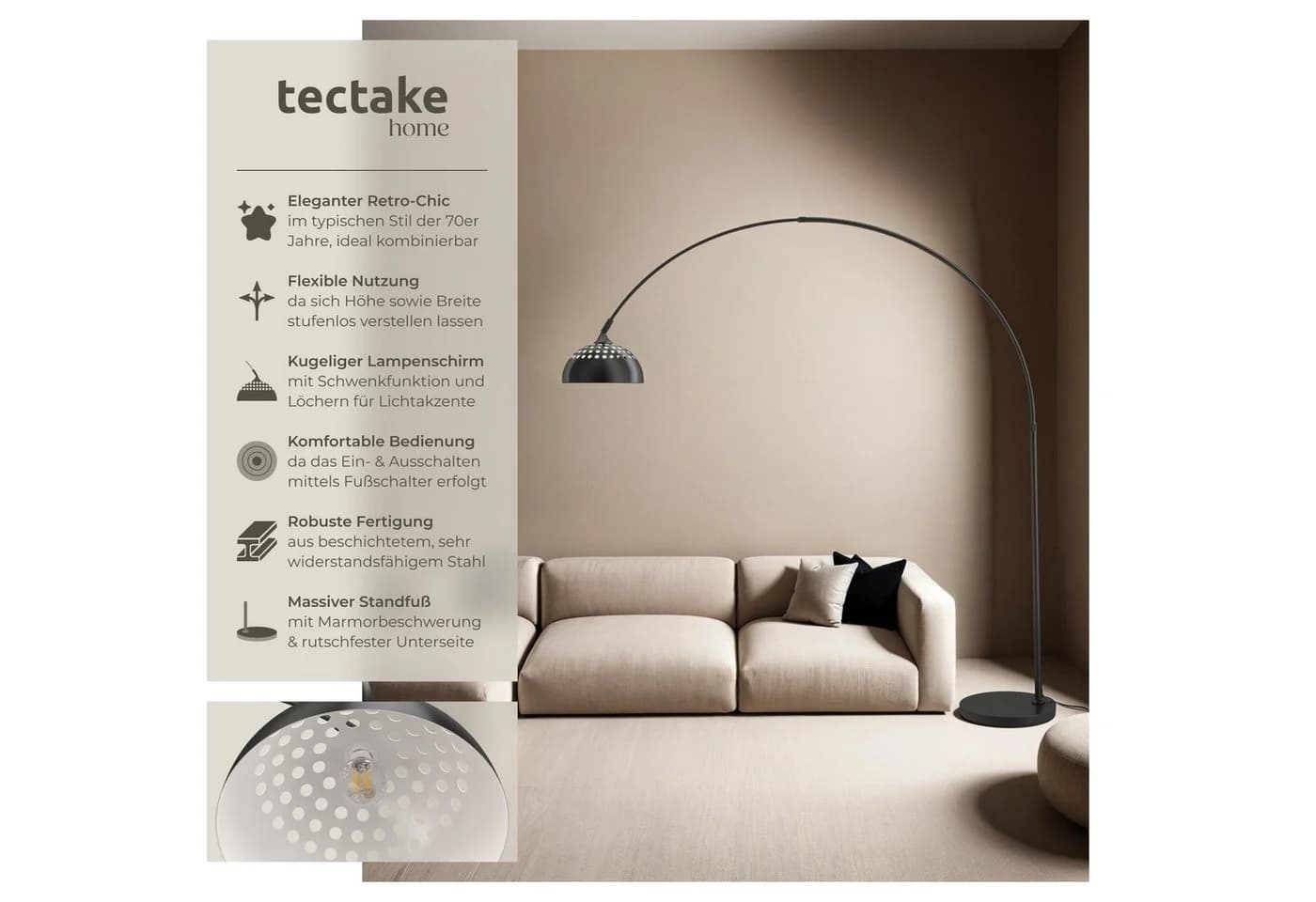 tectake Stehlampe Bogenleuchte Schwarz Verstellbar Retro Design - Bild 2