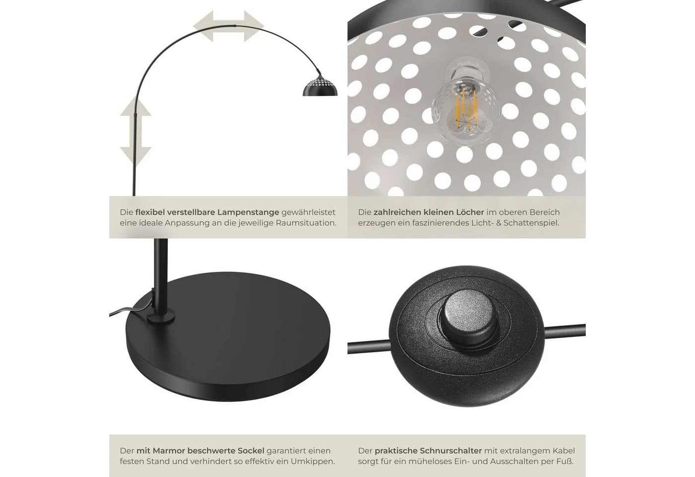 tectake Stehlampe Bogenleuchte Schwarz Verstellbar Retro Design - Bild 5
