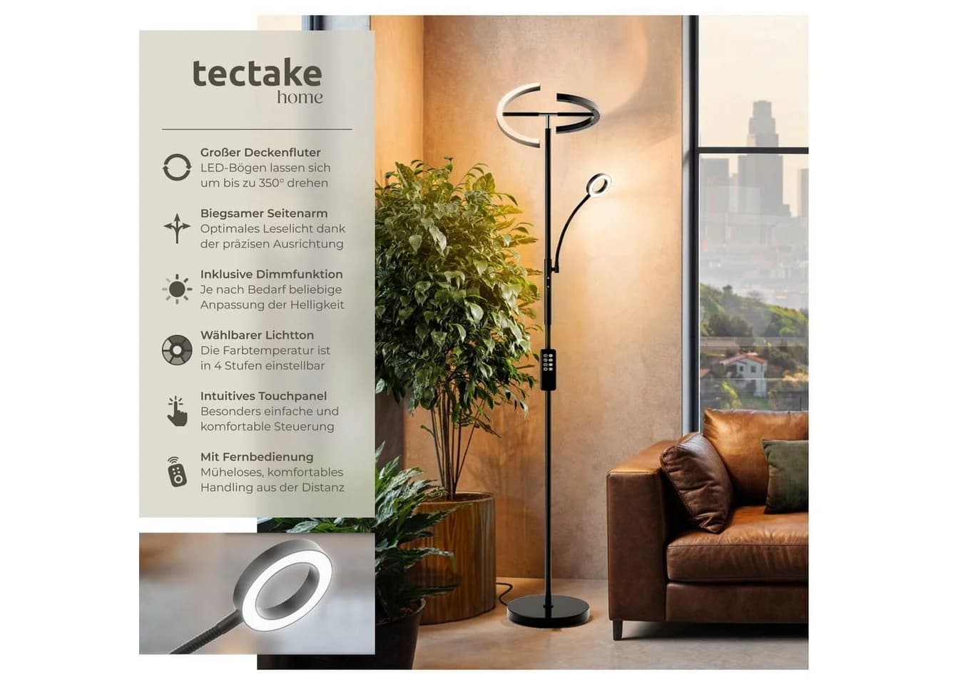 TECTAKE Stehlampe Deckenfluter LED Schwarz Modern mit Leselampe - Bild 2