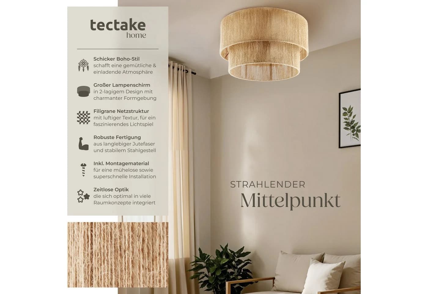 tectake Deckenleuchte Boho Jute-Lampe Lignea Lux Hängelampe - Bild 2