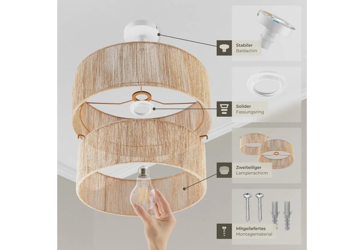 tectake Deckenleuchte Boho Jute-Lampe Lignea Lux Hängelampe - Bild 4
