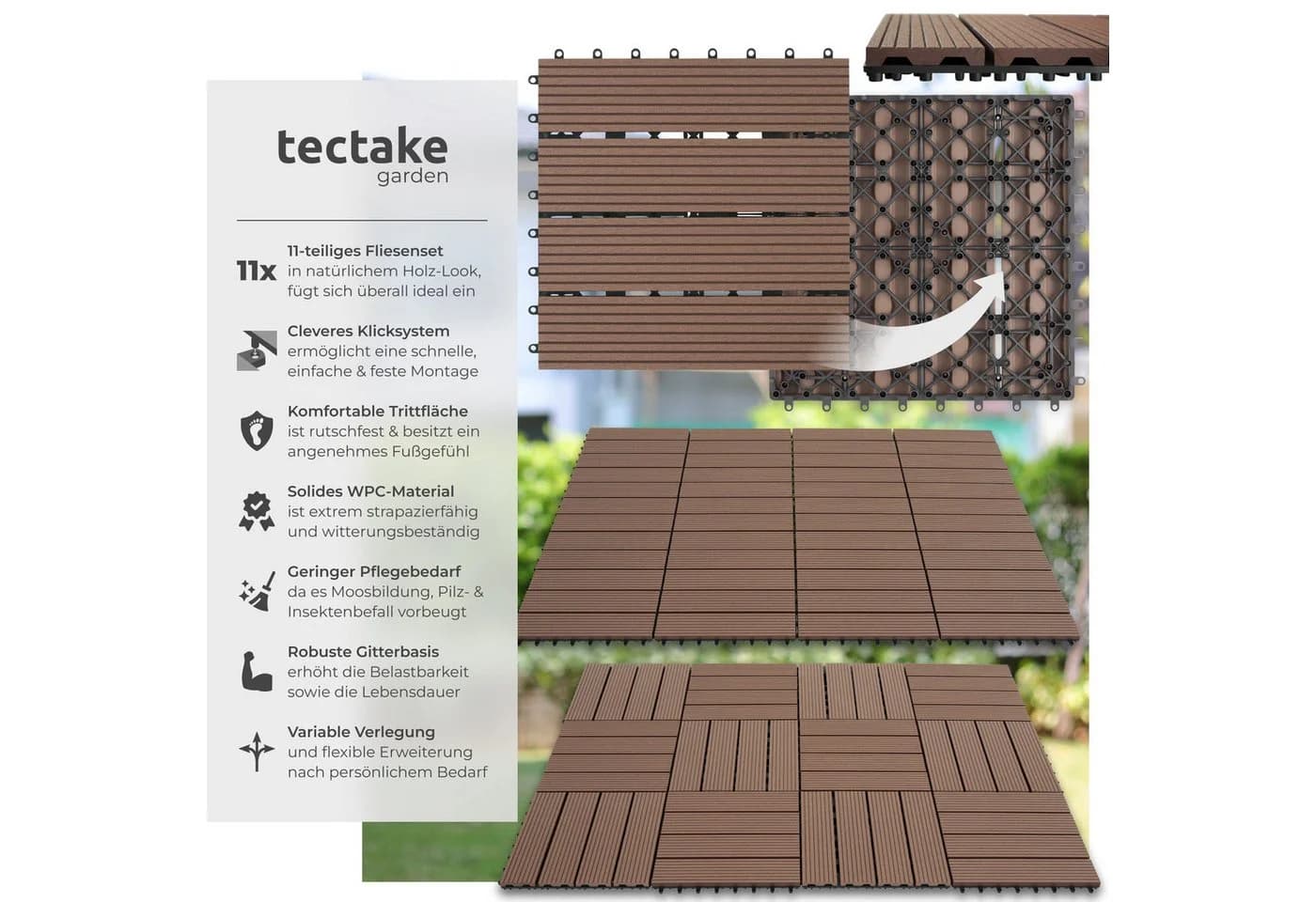 TECTAKE Terrassenfliesen 11er Set Klicksystem Braun WPC