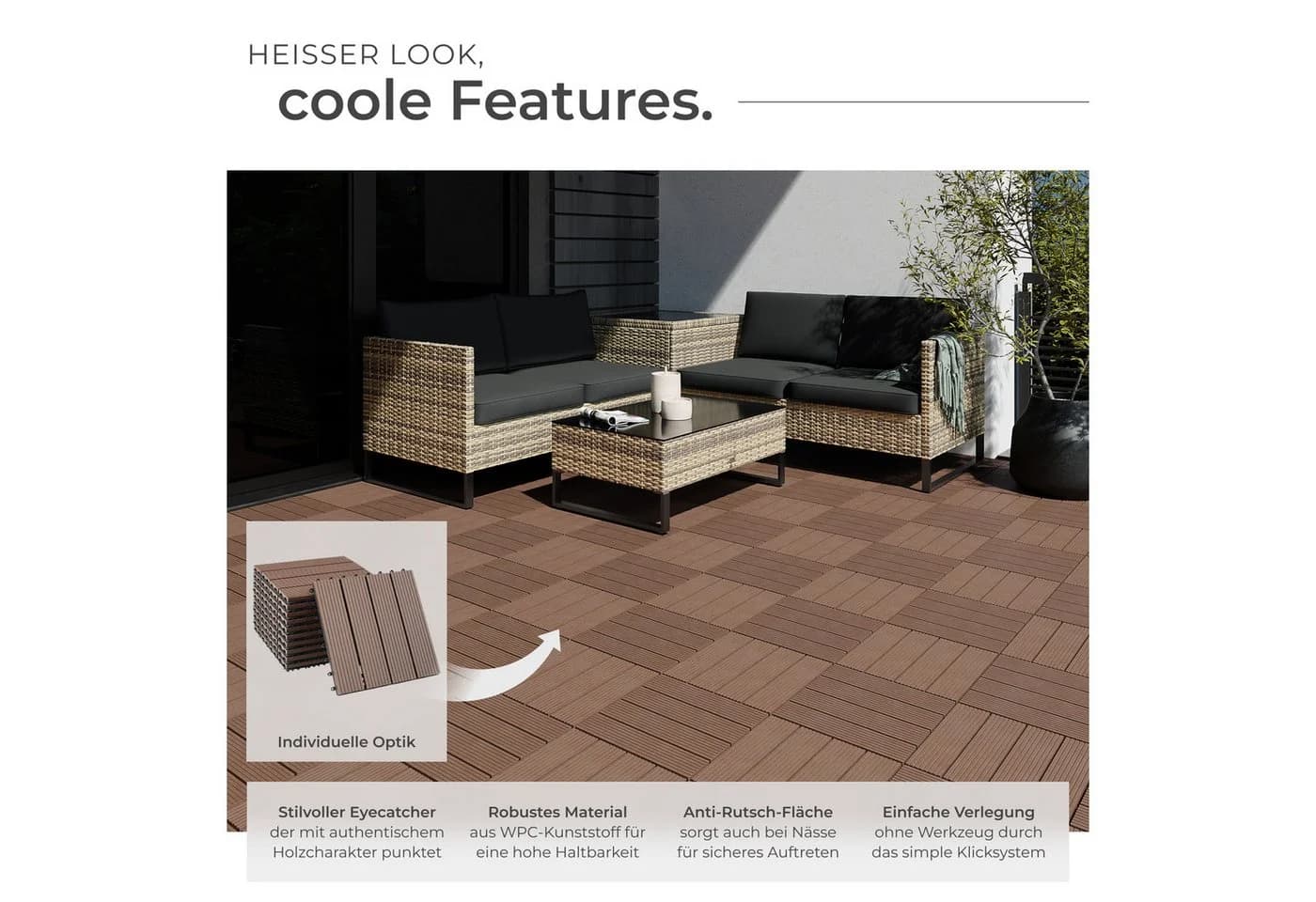 TECTAKE Terrassenfliesen 11er Set Klicksystem Braun WPC - Bild 3