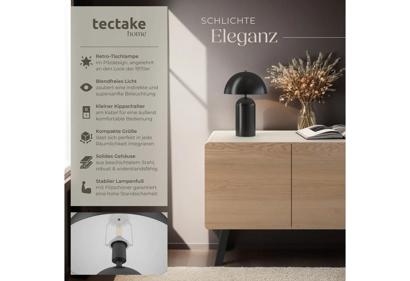 tectake Retro-Tischlampe Altea Schwarz Pilzdesign - Bild 2