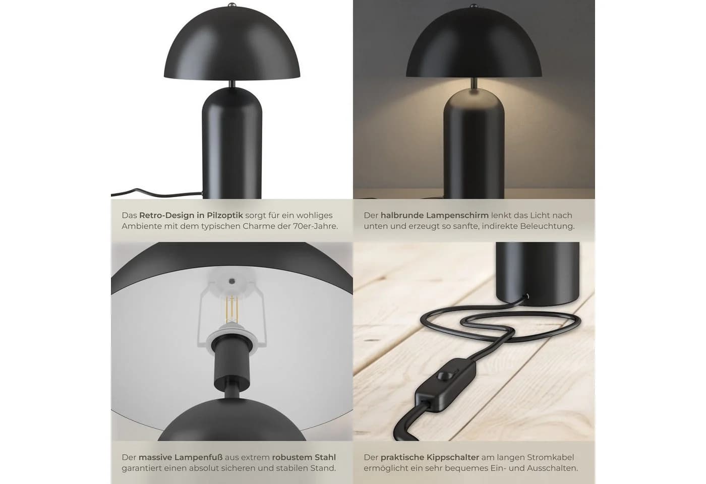 tectake Retro-Tischlampe Altea Schwarz Pilzdesign - Bild 5