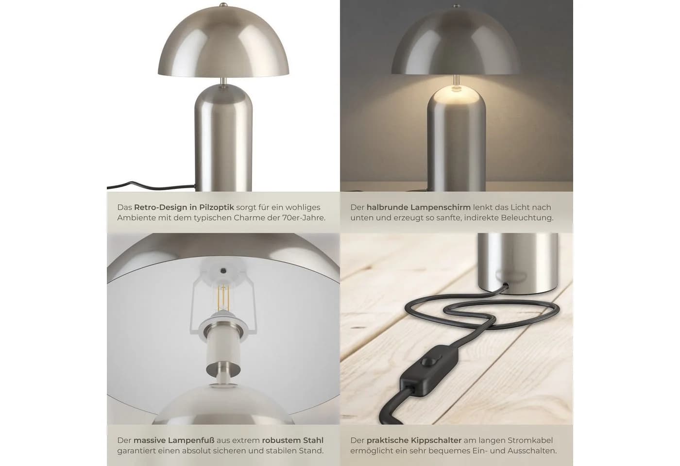 TECTAKE Schreibtischlampe Retro Pilzdesign Silber Matt - Bild 5