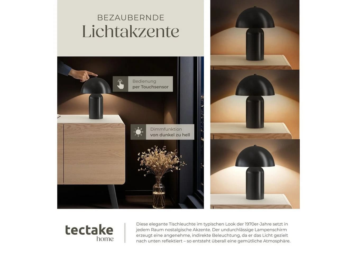 tectake Schreibtischlampe Akku Retro Pilzdesign Schwarz - Bild 4