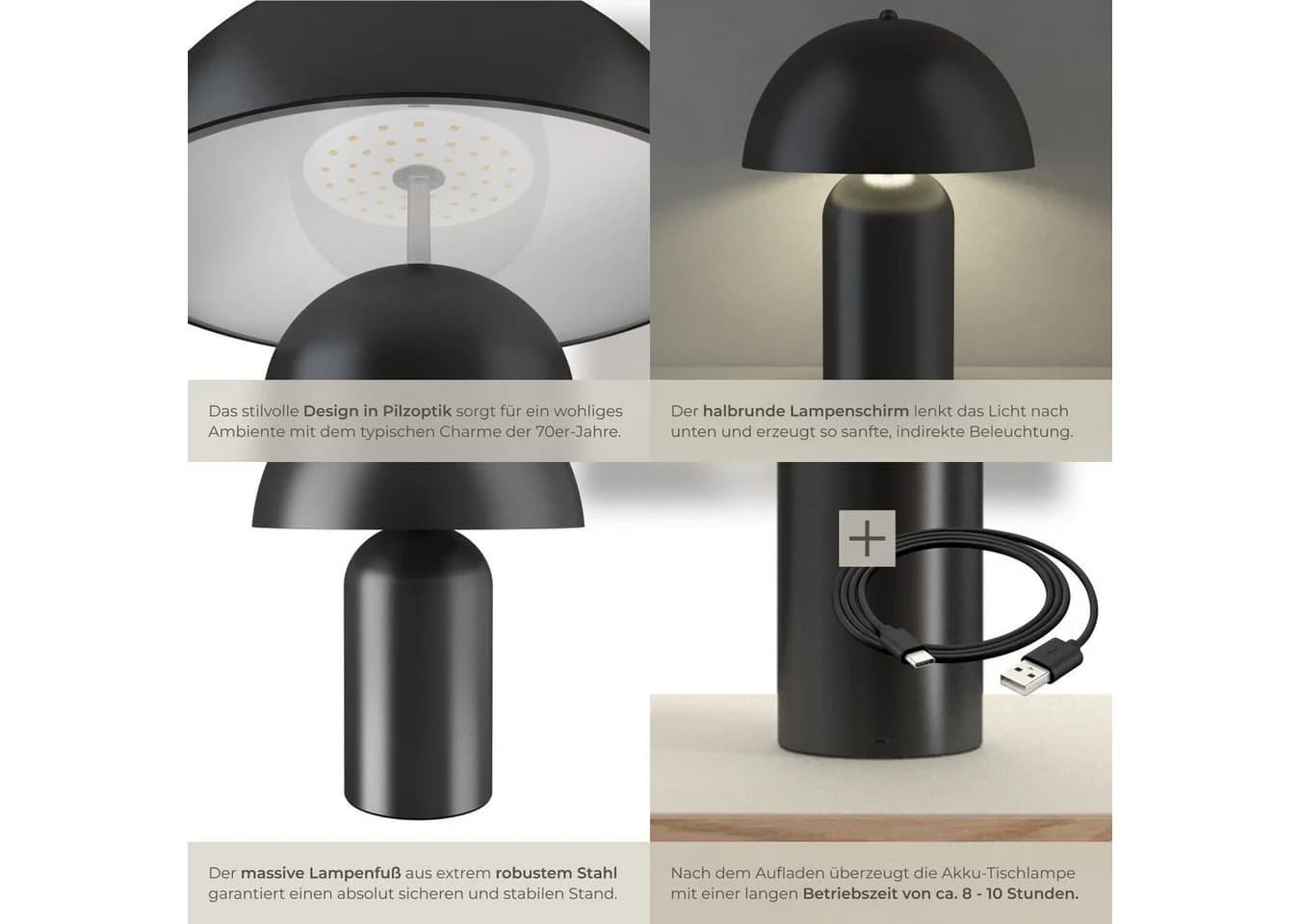 tectake Schreibtischlampe Akku Retro Pilzdesign Schwarz - Bild 5