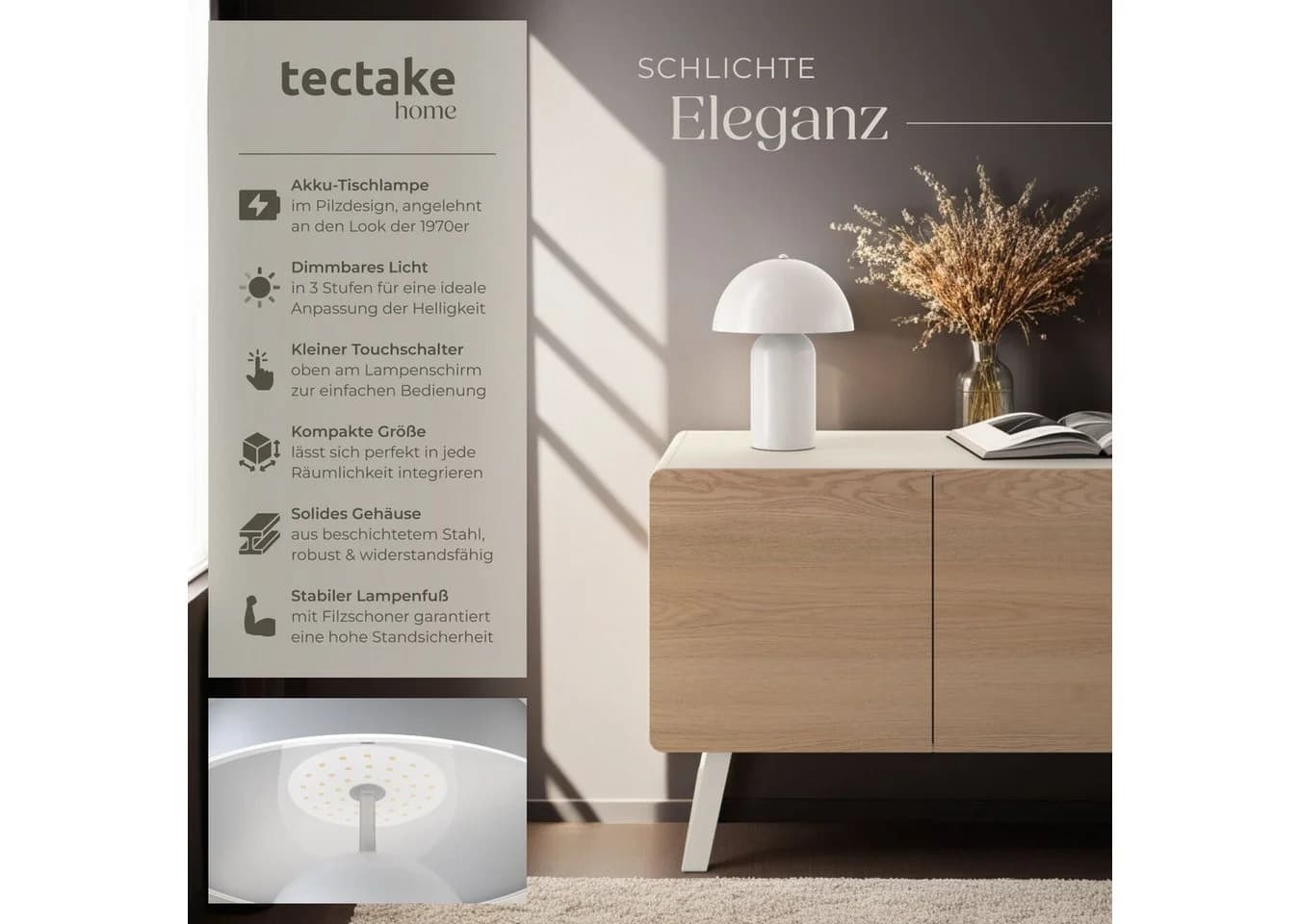 tectake Schreibtischlampe Akku Dimmbar Retro Pilzdesign Weiß
