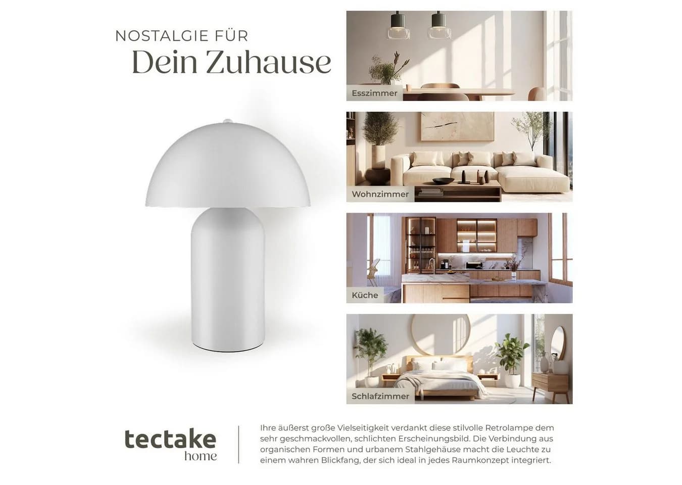 tectake Schreibtischlampe Akku Dimmbar Retro Pilzdesign Weiß - Bild 5