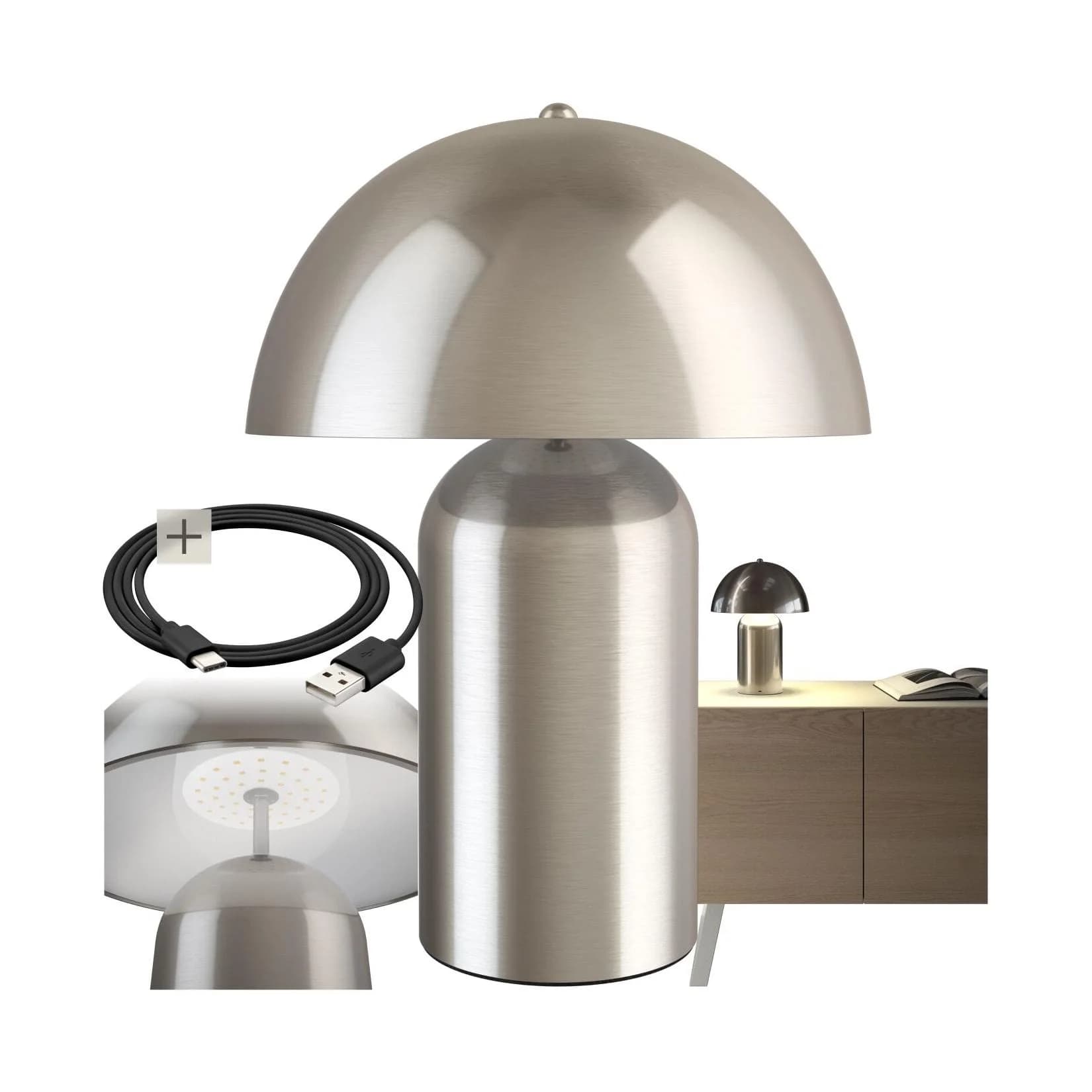 tectake Schreibtischlampe Akku Dimmbar Retro Pilzdesign Silber
