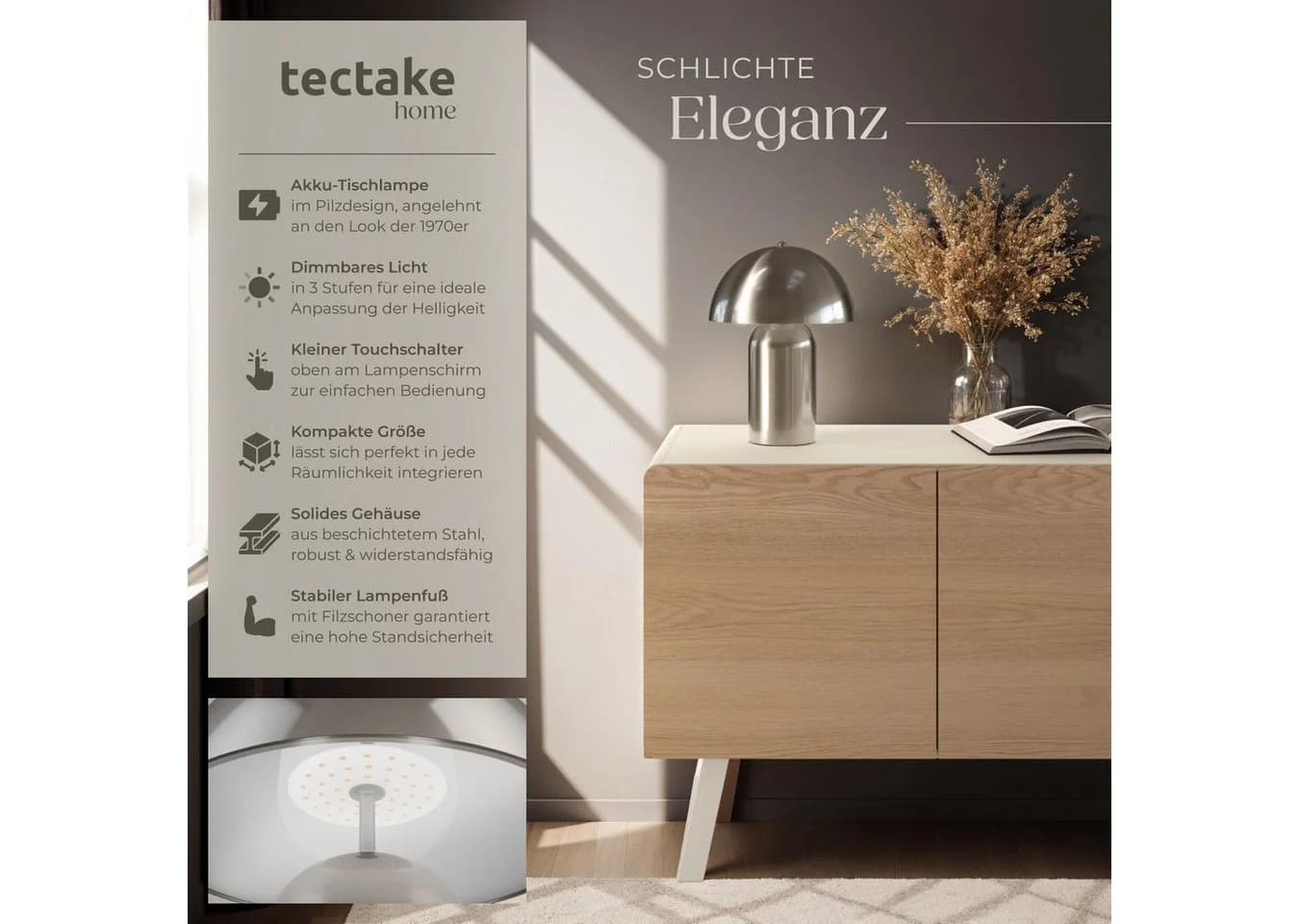 tectake Schreibtischlampe Akku Dimmbar Retro Pilzdesign Silber - Bild 2