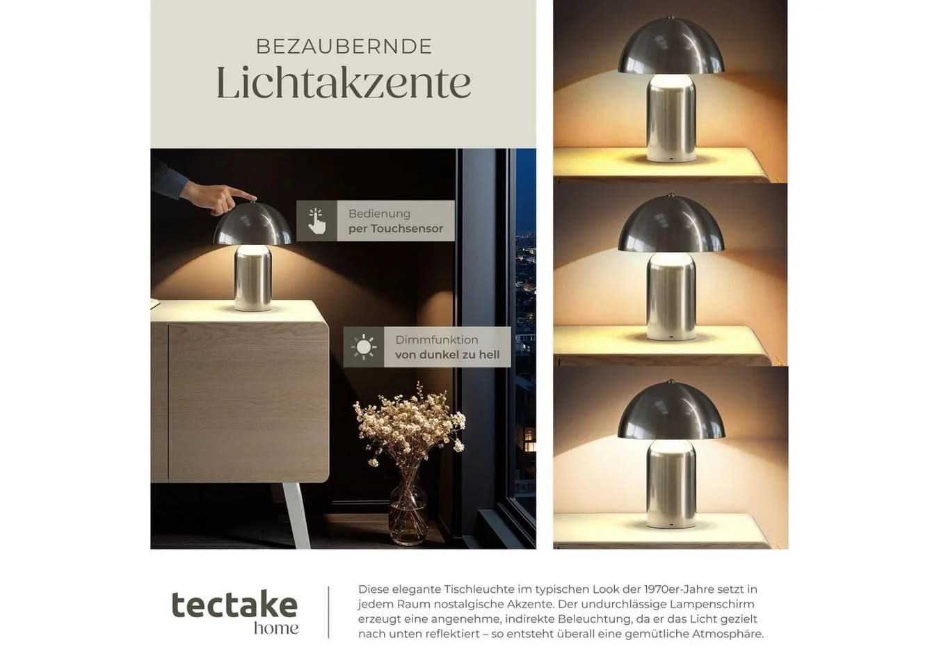 tectake Schreibtischlampe Akku Dimmbar Retro Pilzdesign Silber - Bild 4
