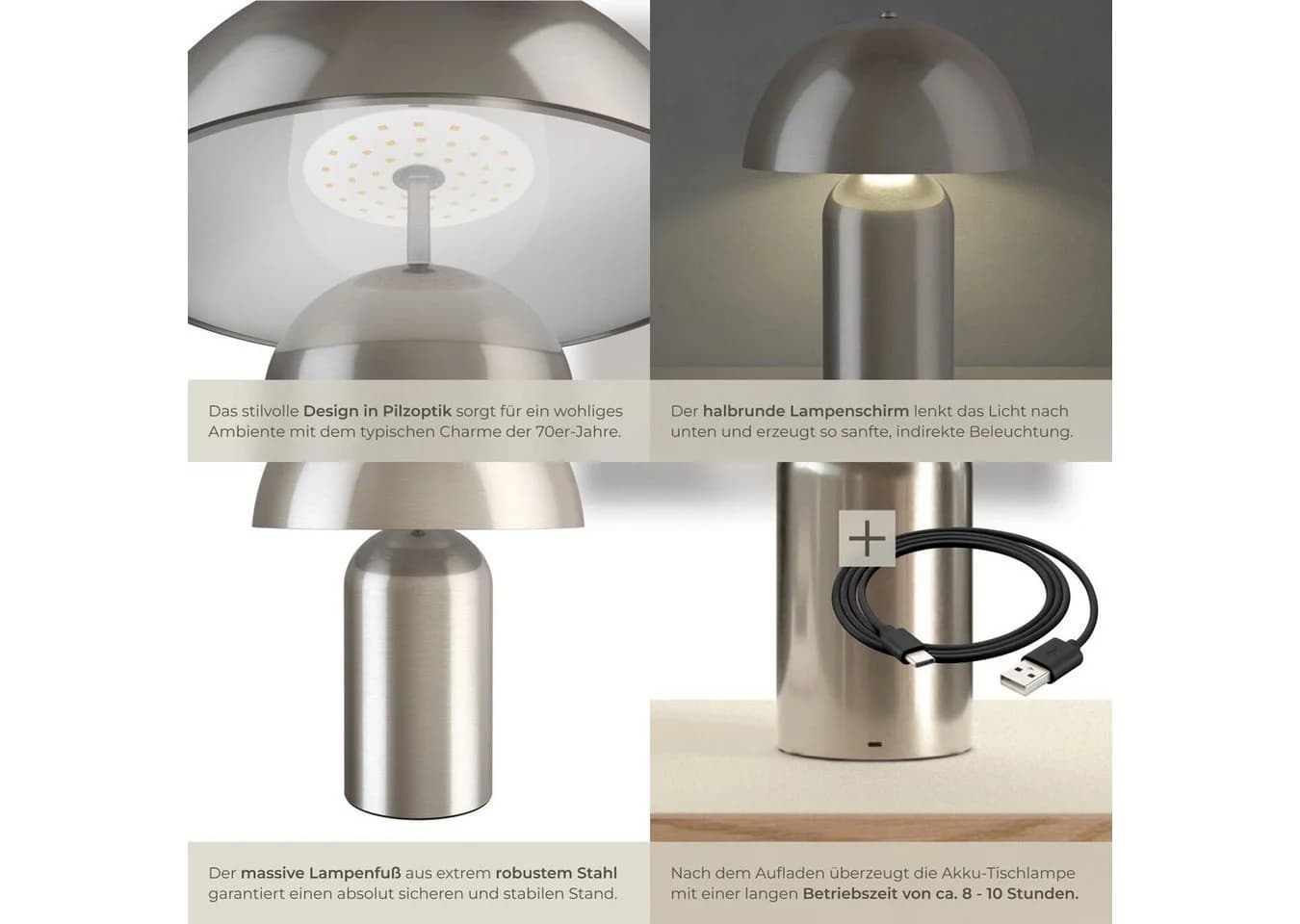 tectake Schreibtischlampe Akku Dimmbar Retro Pilzdesign Silber - Bild 5