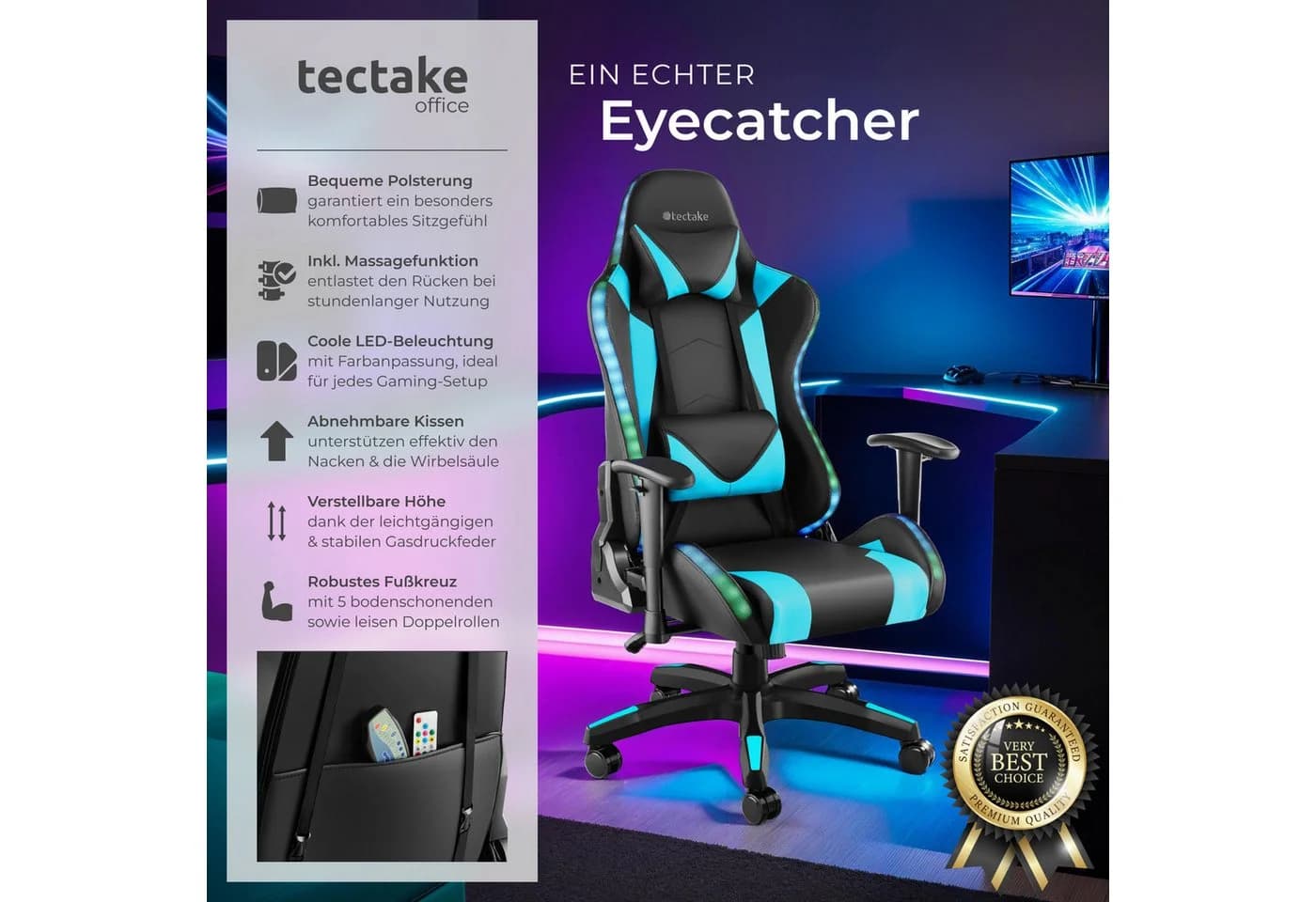 tectake Gaming-Stuhl Tartaros Schwarz/Blau mit LED & Massage - Bild 2