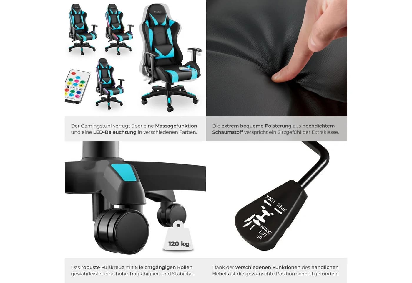 tectake Gaming-Stuhl Tartaros Schwarz/Blau mit LED & Massage - Bild 5