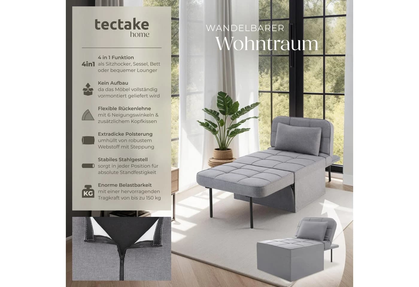 tectake Schlafhocker Ponto 4-in-1 Grau Verstellbar - Bild 2