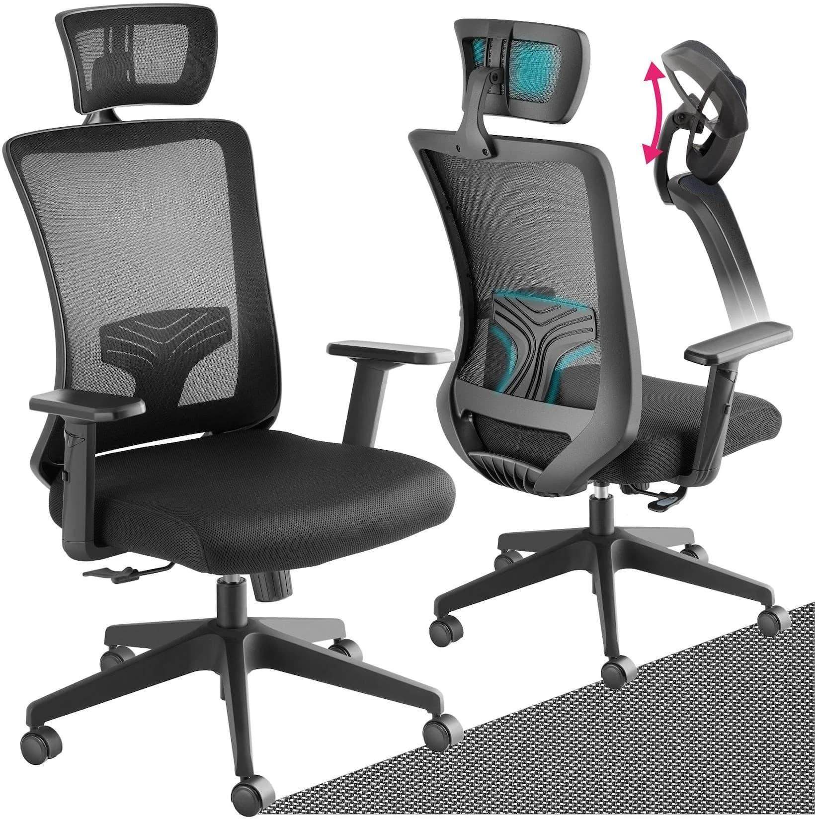 tectake Bürostuhl Phoibe Ergonomisch mit Lordosenstütze und Kopfstütze