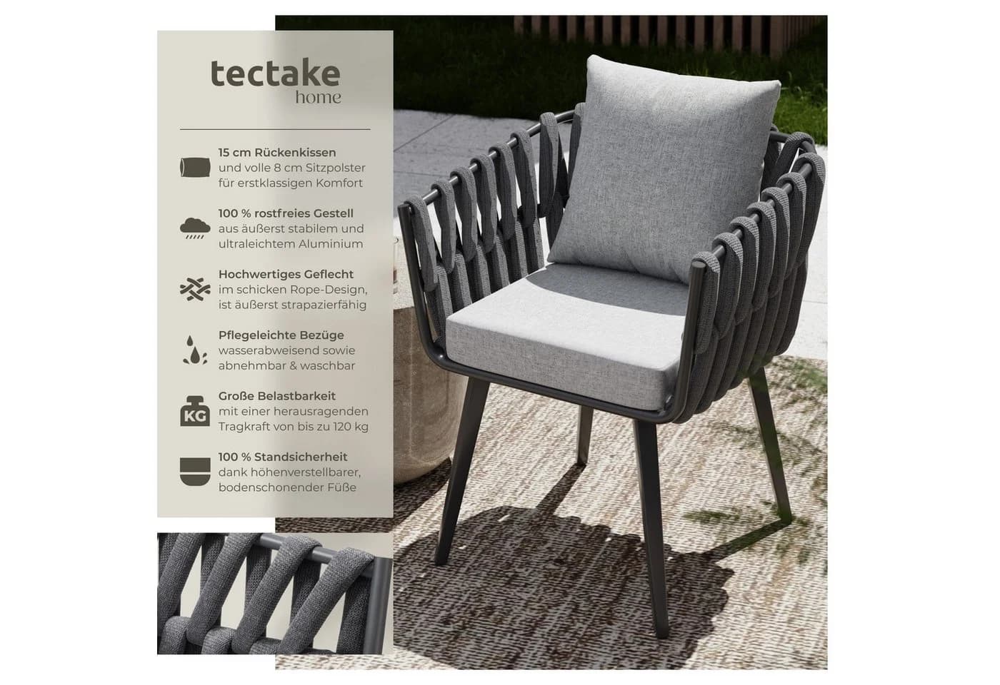 TECTAKE Gartenstuhl Lugano Rope-Design Grau Wetterfest - Bild 2