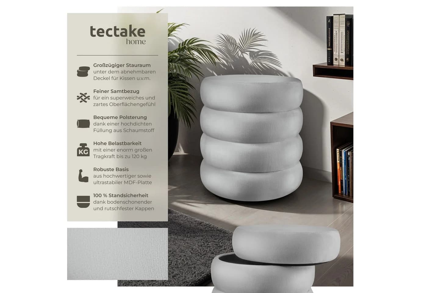 tectake Sitzhocker Altu Grau Samtoptik mit Stauraum - Bild 2